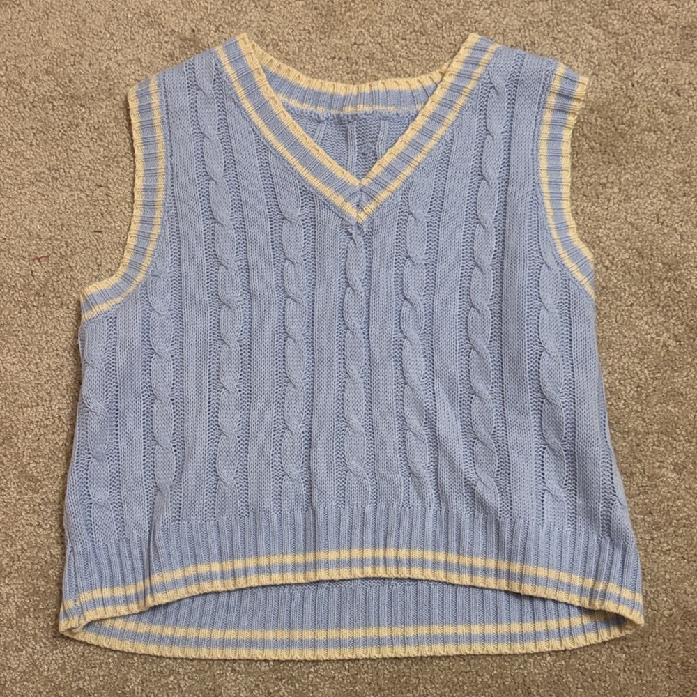 Blue and Cream Cable Knit Sweater Vest